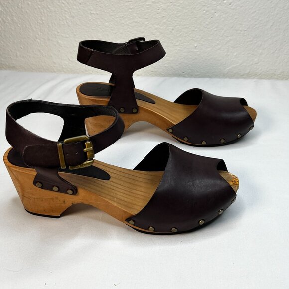 Lisa B Peep Toe Clogs Low Wood Heel Chocolate Brown Leather 40 Boho US 8.5 / 9 - Picture 4 of 13